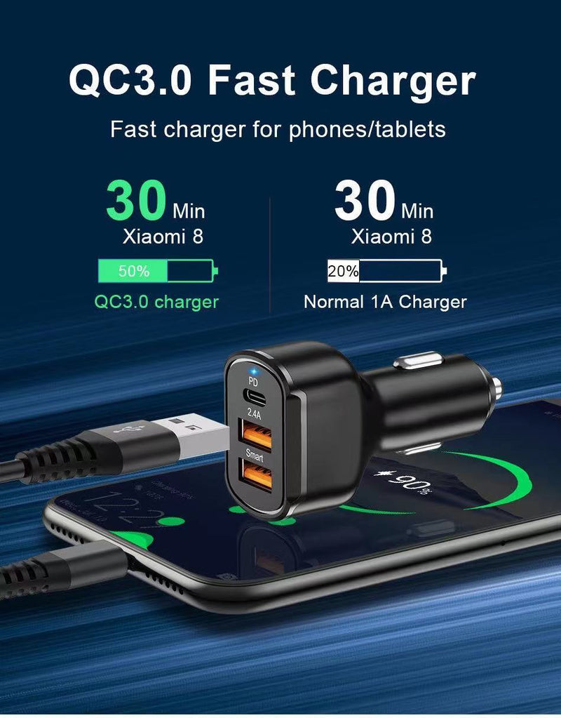 Fast Charge 30W 3.0 Car Charger 3 USB Ports Power Adapter Cigarette Lighter Socket