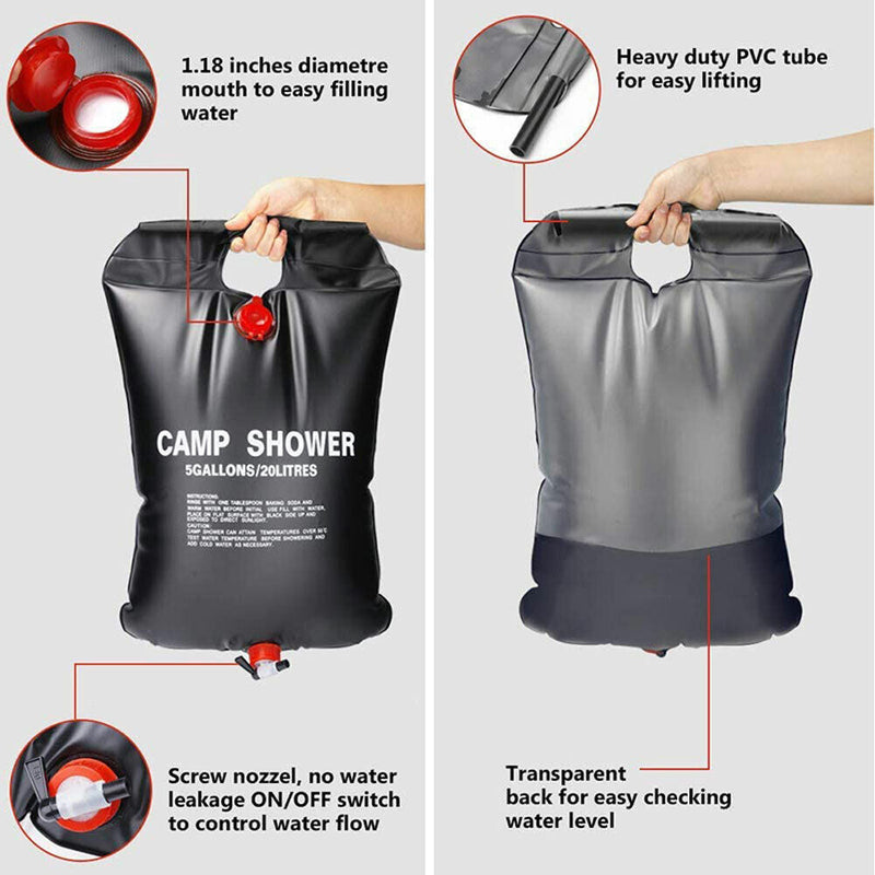 20L Camp Shower Bag Solar Heat Water Pipe Portable Camping Hiking Travel Outdoor