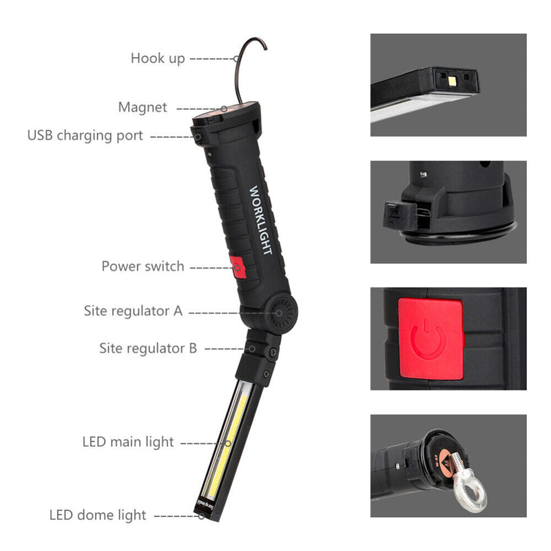 Portable Work Light Rechargable COB LED Hand Torch Flashlight Magnetic Foldable