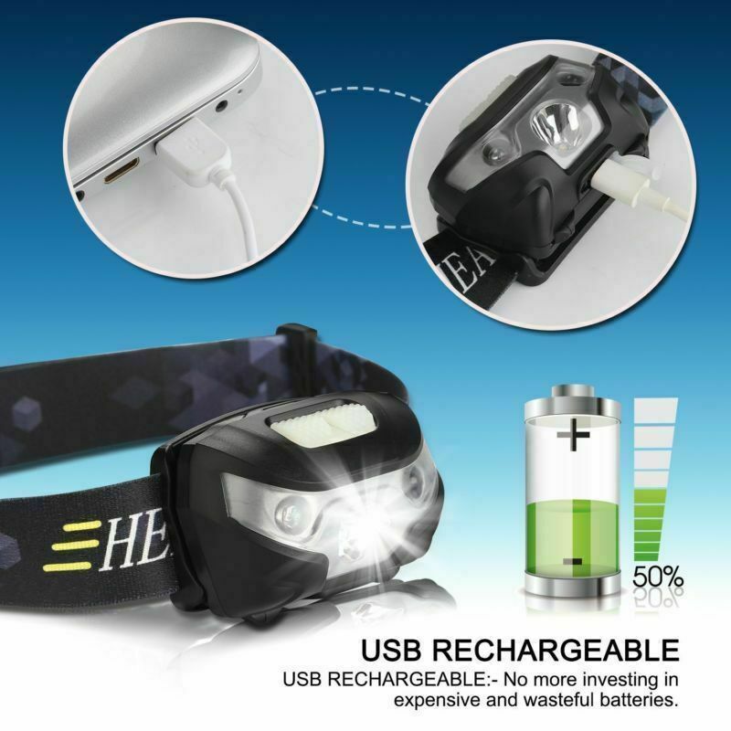 Waterproof Head Torch LED Headlamp Flashlight USB Rechargeable Camping Fish CREE