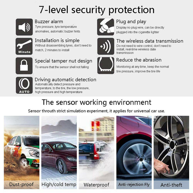 Solar Tyre Pressure Monitoring System TPMS Car LCD + 4 Wireless Sensors