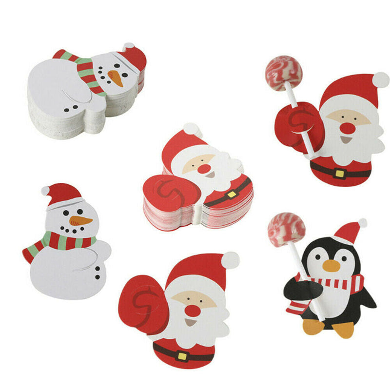 Christmas Party Lollipop 50Pcs Lolly Sugar-loaf Paper Card Penguin Holder Santa