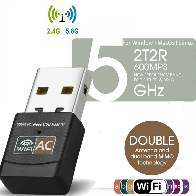 Dual Band 600Mbps USB WiFi Wireless Dongle AC600 Lan Network Adapter 2.4GHz 5GHz