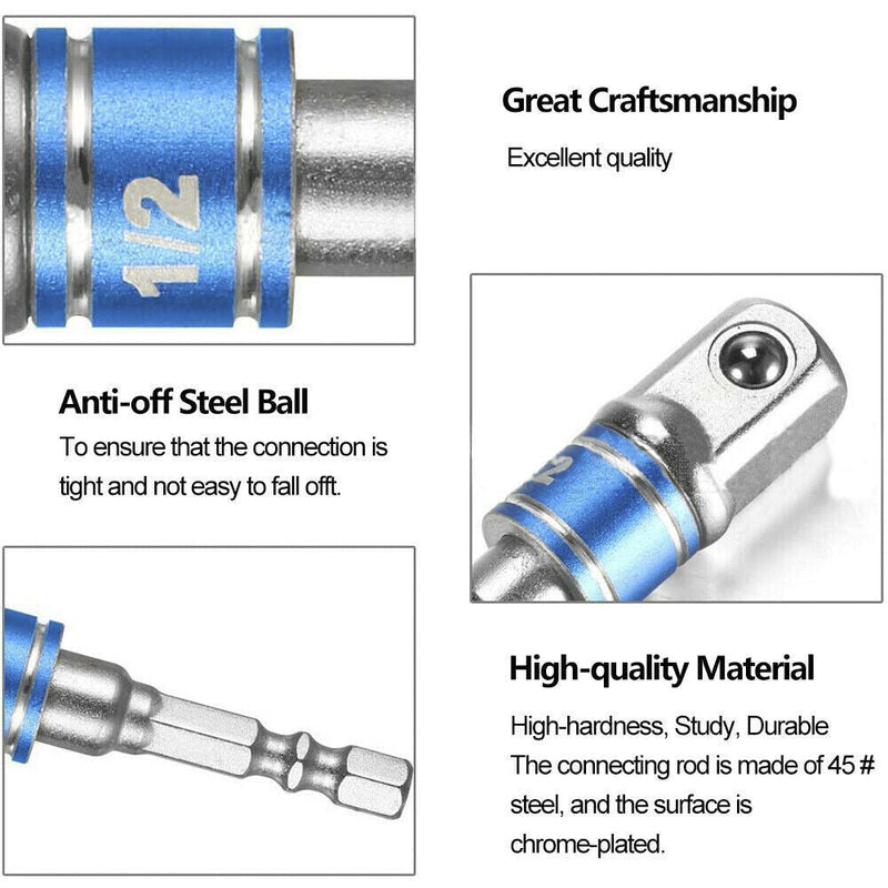 Power Drill 3pc SOCKET ADAPTORS 1/4 3/8 1/2" DRIVE 1/4" hex shank CRV