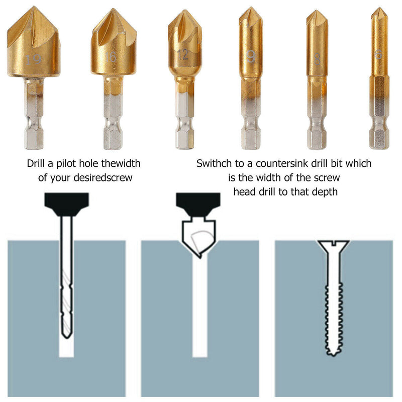 Countersink Drill Bit Set High Speed Steel 6mm-19mm 5 Flute Chamfering Drill Bit