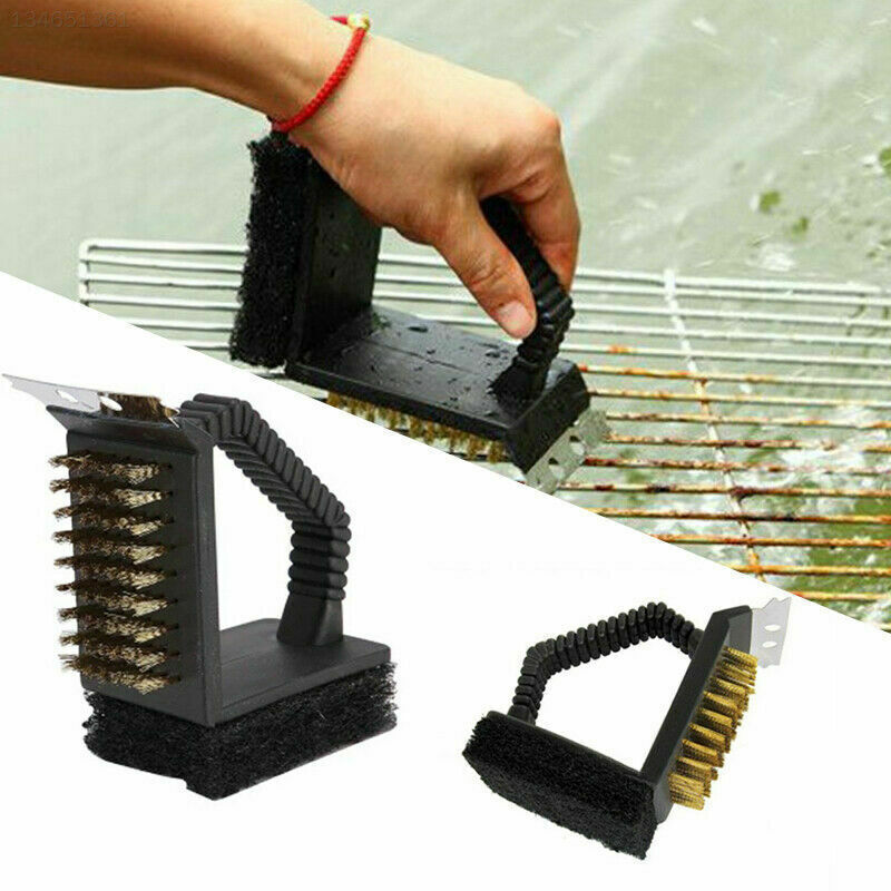 Barbecue Brush 3 in 1 Grill Cleaner BBQ Tools Brass Bristles Scraper Scourer