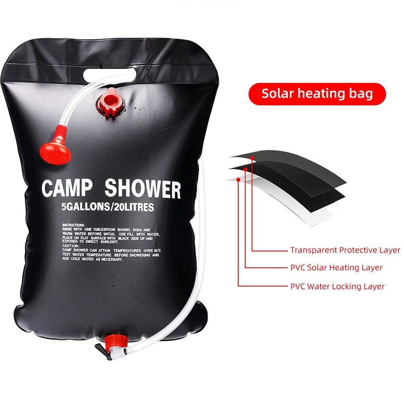 20L Camp Shower Bag Solar Heat Water Pipe Portable Camping Hiking Travel Outdoor