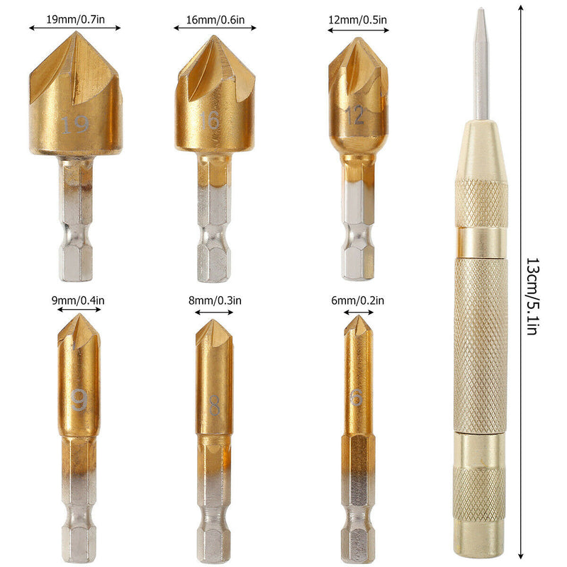 Countersink Drill Bit Set High Speed Steel 6mm-19mm 5 Flute Chamfering Drill Bit