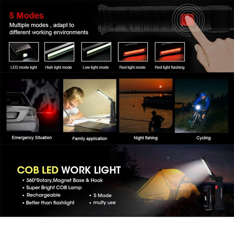 Portable Work Light Rechargable COB LED Hand Torch Flashlight Magnetic Foldable