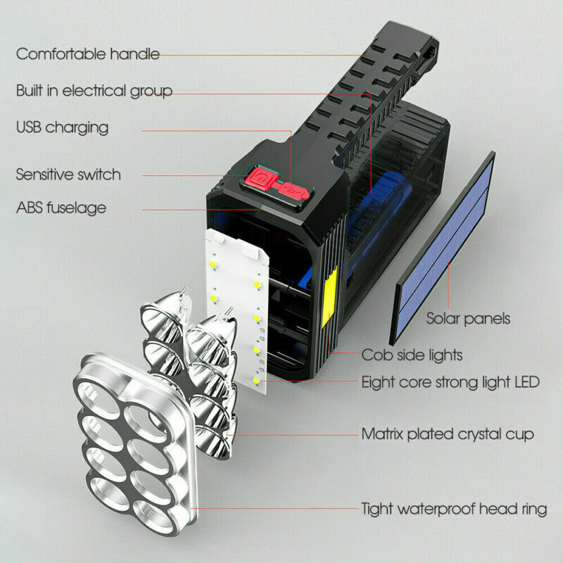 Solar LED Searchlight Spotlight USB Rechargeable Hand Torch Light Camping Lamp