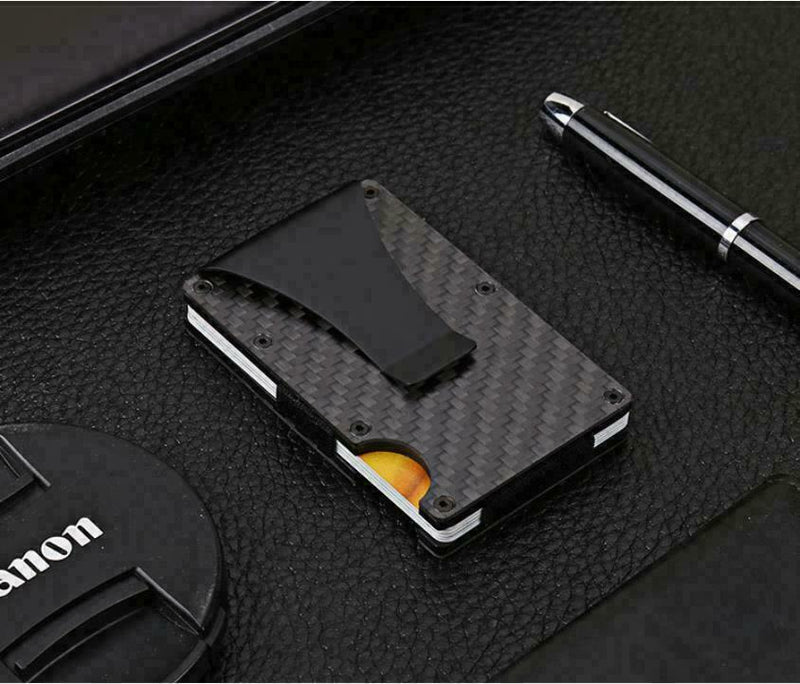 Men Slim Carbon Fiber Credit Card Holder RFID Blocking Metal Money Clip Wallet