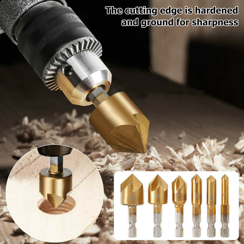 Countersink Drill Bit Set High Speed Steel 6mm-19mm 5 Flute Chamfering Drill Bit