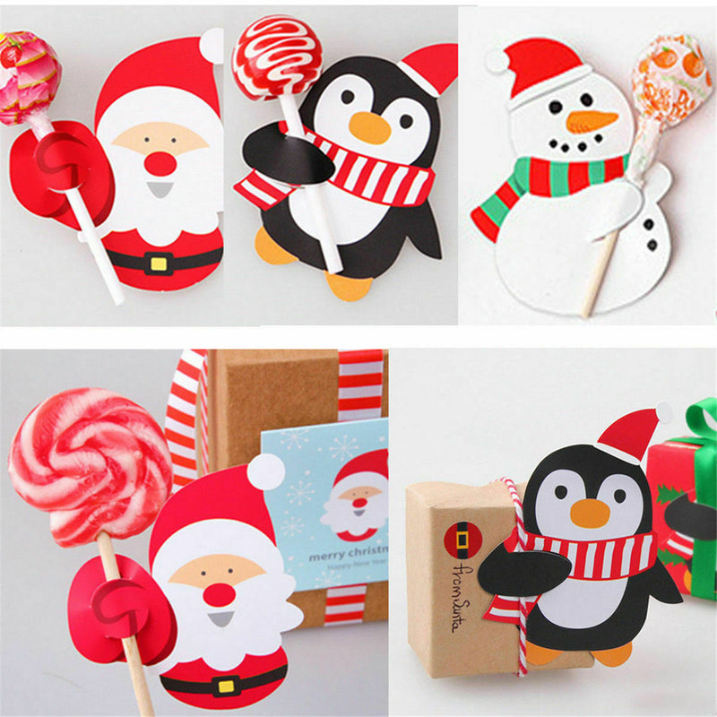 Christmas Party Lollipop 50Pcs Lolly Sugar-loaf Paper Card Penguin Holder Santa