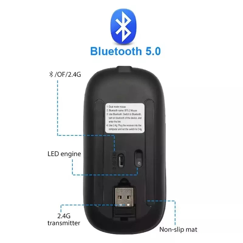 Rechargeable Slim Wireless Mouse Bluetooth 5.2+ 2.4G Cordless For Laptop PC