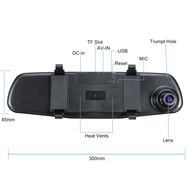 4.3"1080P Dual Lens Dash Camera Rear View Camera Car DVR Reversing Mirror Recorder