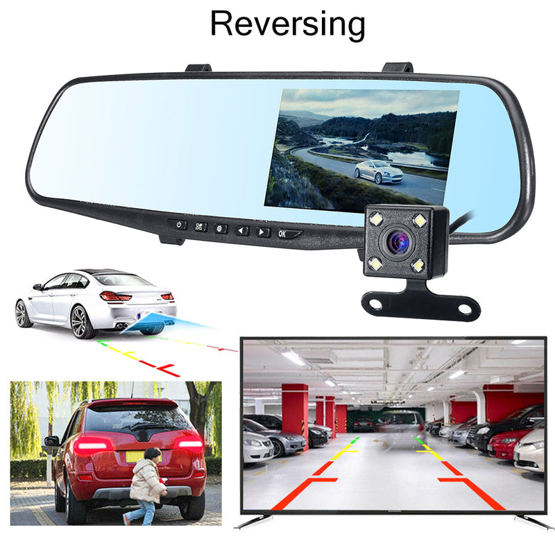 4.3"1080P Dual Lens Dash Camera Rear View Camera Car DVR Reversing Mirror Recorder