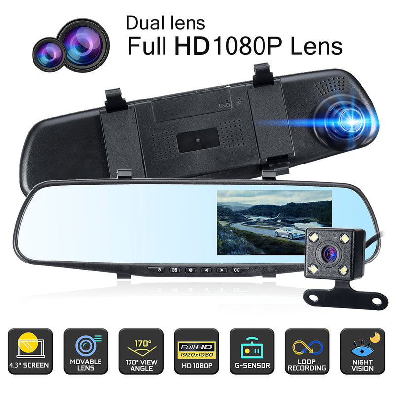 4.3"1080P Dual Lens Dash Camera Rear View Camera Car DVR Reversing Mirror Recorder