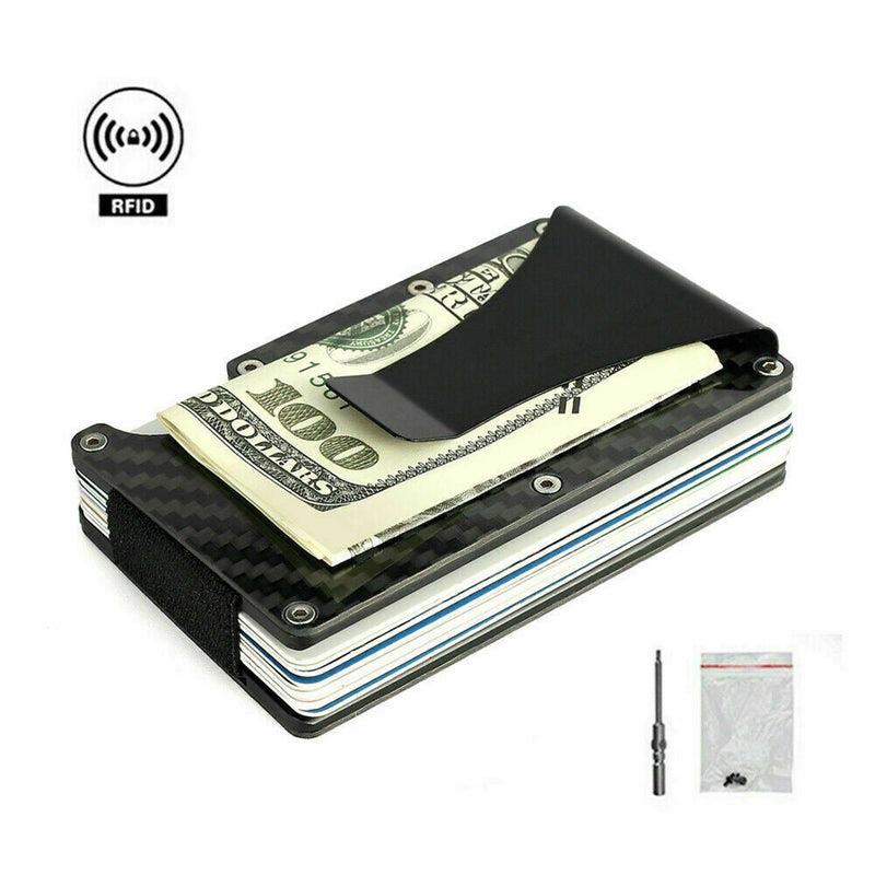 Men Slim Carbon Fiber Credit Card Holder RFID Blocking Metal Money Clip Wallet