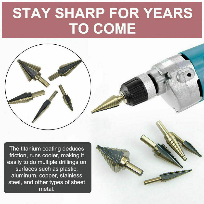 Free shipping- 5Pcs HSS Step Steel Cone Drill Hole Cutter Titanium Bits Set Kit + Aluminum Case