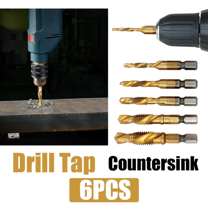 6pcs Drill Tap Countersink Deburr Set Metric Combination Drill Tap Bit M3-M10