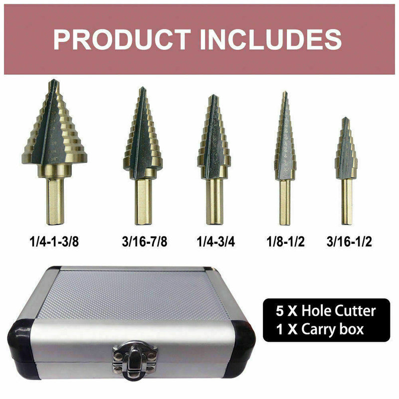 Free shipping- 5Pcs HSS Step Steel Cone Drill Hole Cutter Titanium Bits Set Kit + Aluminum Case