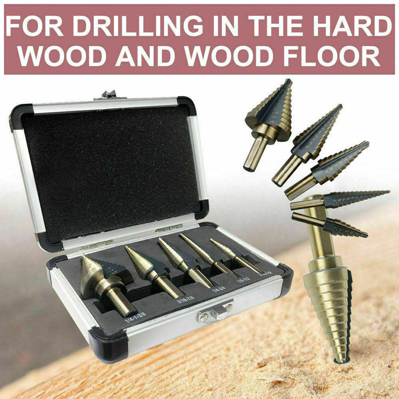 Free shipping- 5Pcs HSS Step Steel Cone Drill Hole Cutter Titanium Bits Set Kit + Aluminum Case