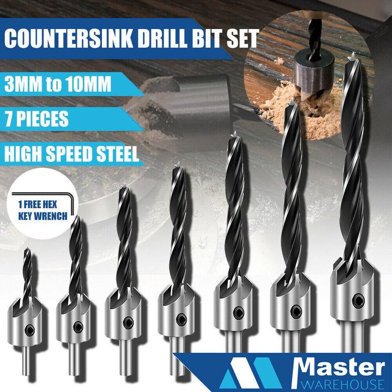 Free shipping- 7pc Wood Countersunk Head Drill Bit Set Auger Countersink Screw Kit + 1 Hex Key