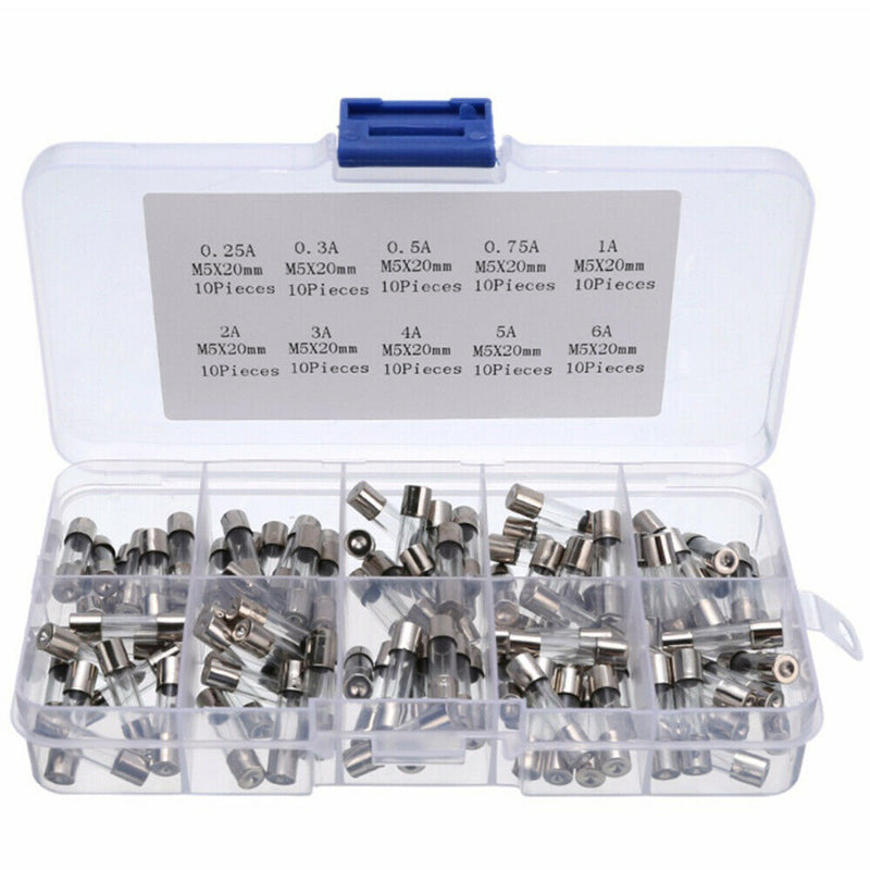 Free shipping- 100Pcs Set 5x20mm Quick Blow Glass Tube Fuse Assorted Kits Fast-blow Glass