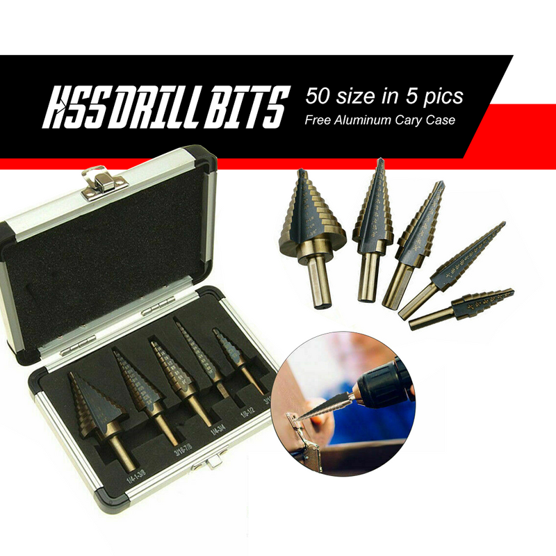 Free shipping- 5Pcs HSS Step Steel Cone Drill Hole Cutter Titanium Bits Set Kit + Aluminum Case