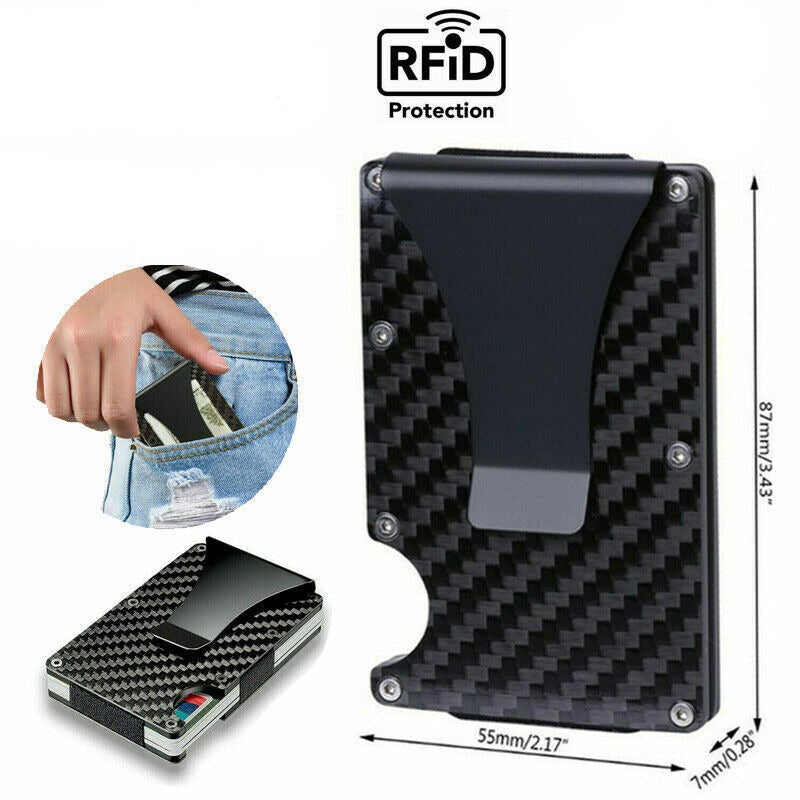 Men Slim Carbon Fiber Credit Card Holder RFID Blocking Metal Money Clip Wallet