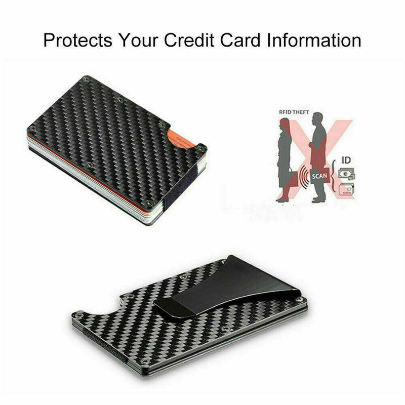 Men Slim Carbon Fiber Credit Card Holder RFID Blocking Metal Money Clip Wallet