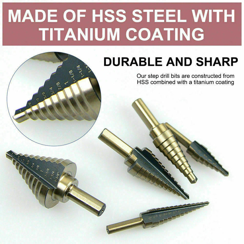 Free shipping- 5Pcs HSS Step Steel Cone Drill Hole Cutter Titanium Bits Set Kit + Aluminum Case