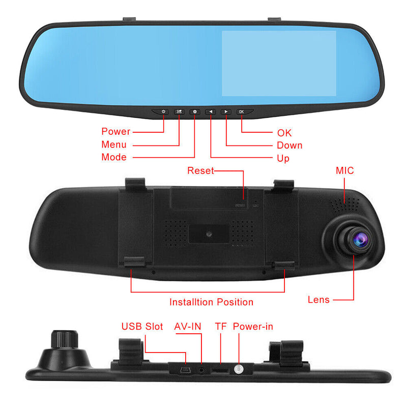 4.3"1080P Dual Lens Dash Camera Rear View Camera Car DVR Reversing Mirror Recorder